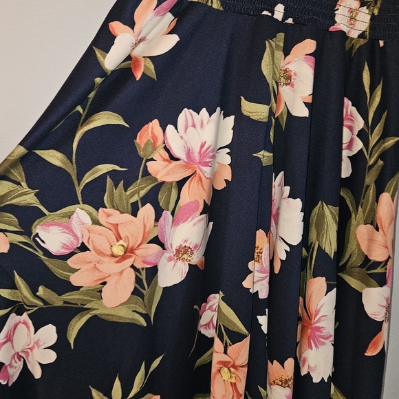 Floral Navy Blue Sleeveless Dress Size 18 Scarf Drape Hem - Picture 3 of 10